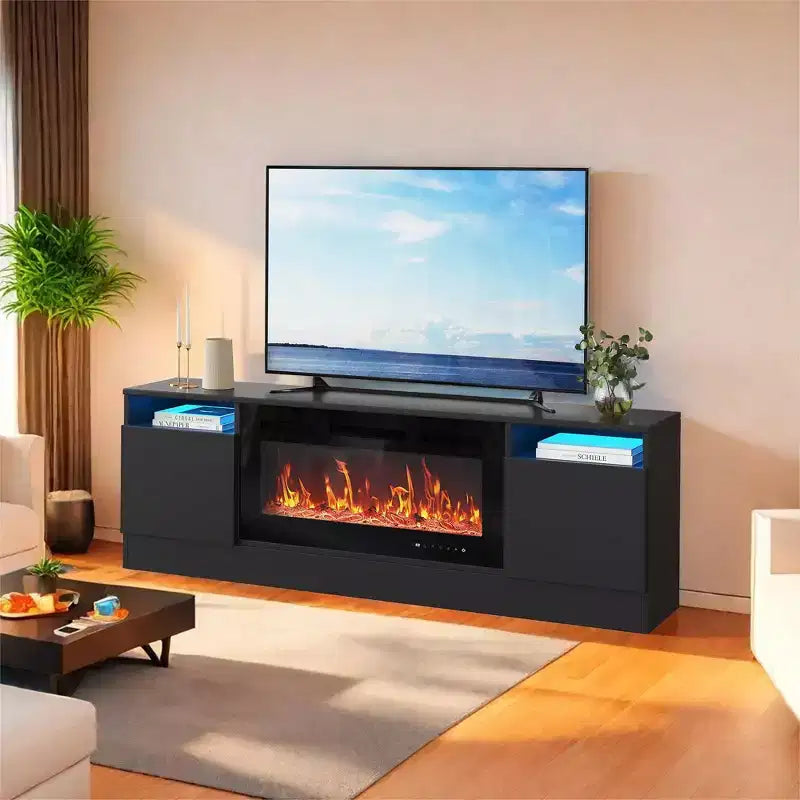 Mueble de TV moderno con iluminación LED, que incluye armarios de almacenamiento y estantes, adecuado para dormitorios y salas de estar.