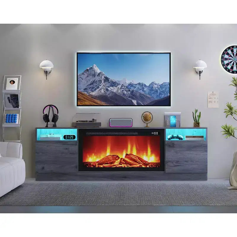 Mueble de TV moderno con iluminación LED, que incluye armarios de almacenamiento y estantes, adecuado para dormitorios y salas de estar.