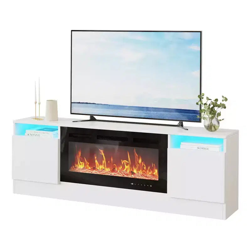 Mueble de TV moderno con iluminación LED, que incluye armarios de almacenamiento y estantes, adecuado para dormitorios y salas de estar.