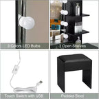 VINGLI Tocador con Espejo y Luces, Tocador de Maquillaje con Cajones y Taburete para Dormitorio, Negro