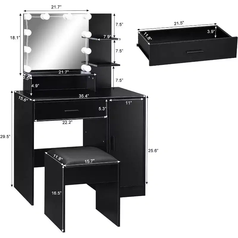 VINGLI Tocador con Espejo y Luces, Tocador de Maquillaje con Cajones y Taburete para Dormitorio, Negro