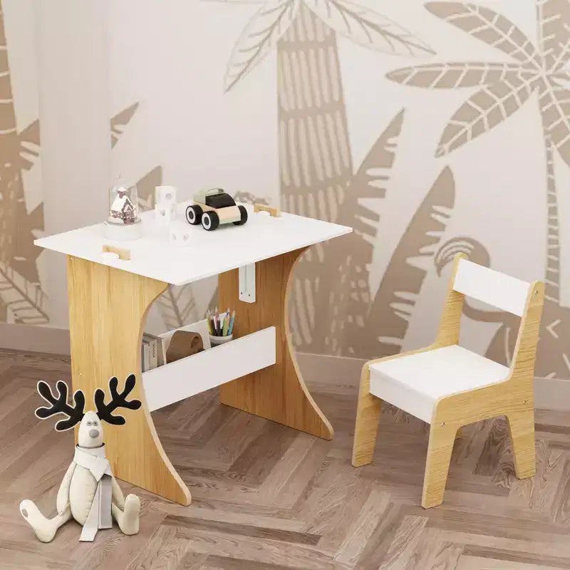 Juego de mesa Whisen para niños con una silla, mesa de estudio de madera multifuncional para niños - Tablero convertible - Blanco