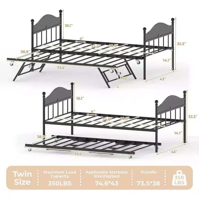Acekool Sofá cama con nido elevable, estructura de cama doble de metal con cabecero convertible en sofá, soporte de listones de acero reforzado, marrón rústico
