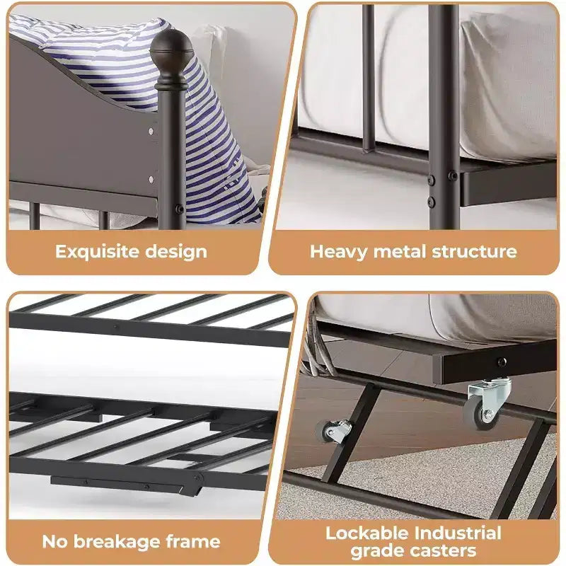 Acekool Sofá cama con nido elevable, estructura de cama doble de metal con cabecero convertible en sofá, soporte de listones de acero reforzado, marrón rústico