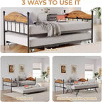 Acekool Sofá cama con nido elevable, estructura de cama doble de metal con cabecero convertible en sofá, soporte de listones de acero reforzado, marrón rústico