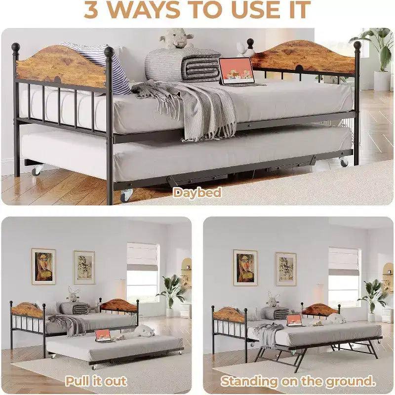 Acekool Sofá cama con nido elevable, estructura de cama doble de metal con cabecero convertible en sofá, soporte de listones de acero reforzado, marrón rústico