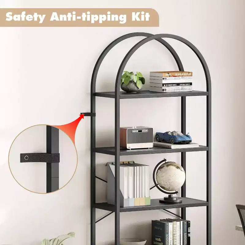 Estantería abierta de 5 niveles con arco, estantería moderna con marco de metal, estantería de pie para dormitorio, sala de estar, oficina en casa