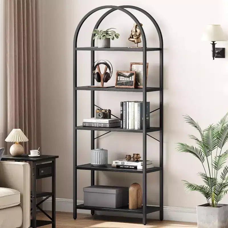 Estantería abierta de 5 niveles con arco, estantería moderna con marco de metal, estantería de pie para dormitorio, sala de estar, oficina en casa