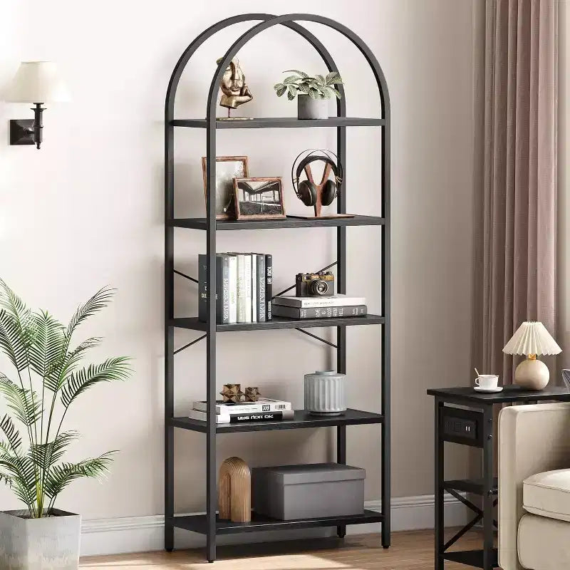 Estantería abierta de 5 niveles con arco, estantería moderna con marco de metal, estantería de pie para dormitorio, sala de estar, oficina en casa