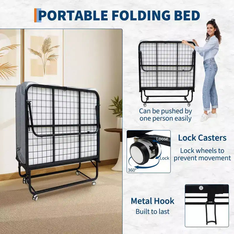Cama plegable Coolmee con colchón, cama plegable portátil con ruedas y bolsillo lateral de almacenamiento para oficina, dormitorio, ahorro de espacio, fácil almacenamiento