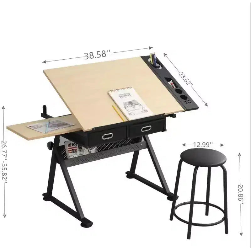 Mesa de dibujo de altura ajustable, mesa de dibujo inclinable de 0 a 75 grados para adultos, escritorio de arte con 2 cajones de almacenamiento con taburete para oficina en casa