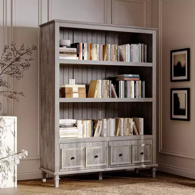 Vitrina Famapy gris claro vintage con patas decorativas, estantería retro con 3 estantes abiertos + 4 cajones, centro de almacenamiento para oficina en casa