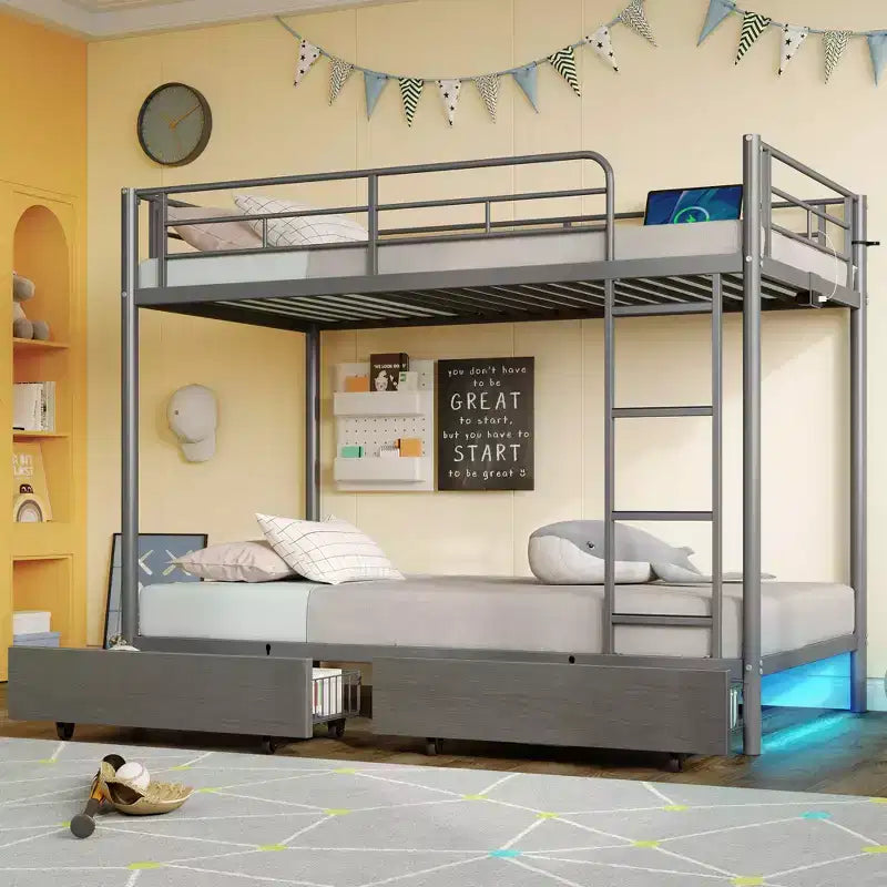 Litera metálica Greenstell, armazón de cama con cajones de almacenamiento y estación de carga y luz LED, con barandilla de seguridad y escaleras, negro