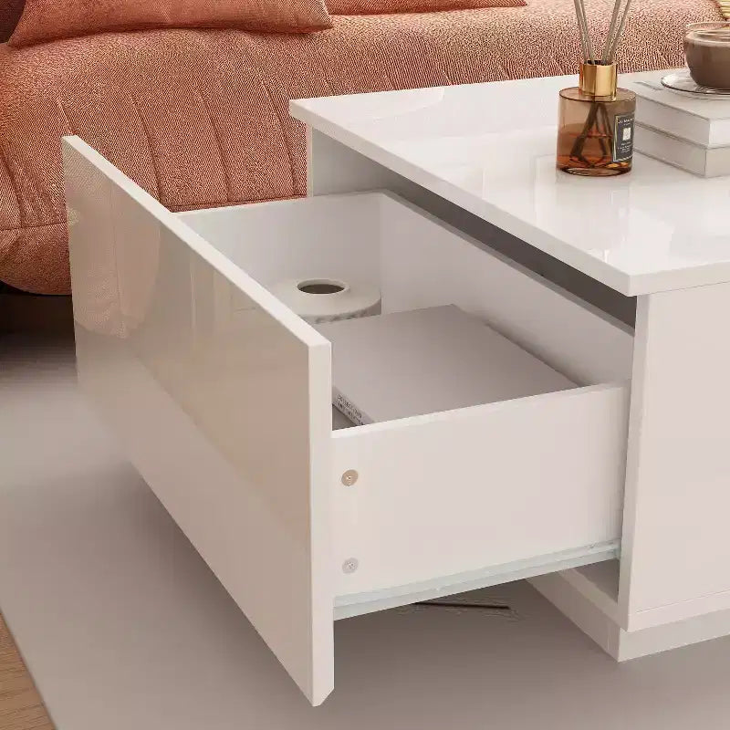 Mesa de centro Famapy blanca de alto brillo con LED, almacenamiento multizona con cajón y compartimentos abiertos