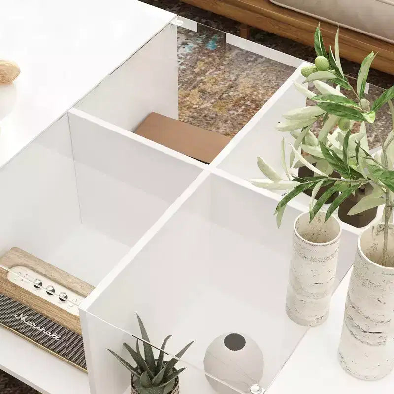 Mesa de centro Famapy blanca de alto brillo con LED, almacenamiento multizona con cajón y compartimentos abiertos