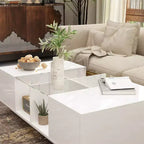 Mesa de centro Famapy blanca de alto brillo con LED, almacenamiento multizona con cajón y compartimentos abiertos