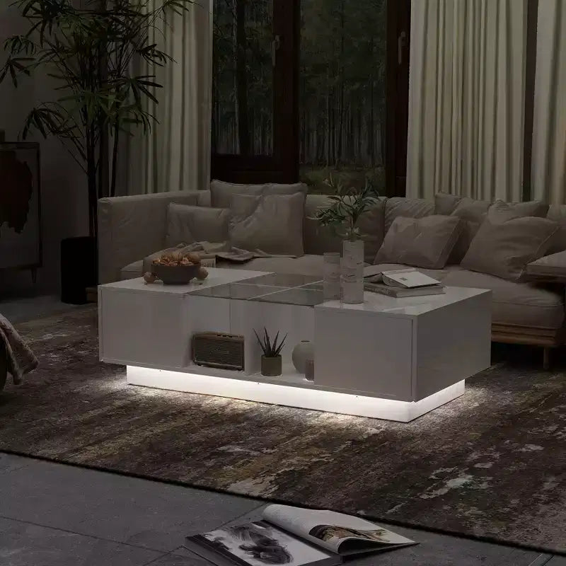 Mesa de centro Famapy blanca de alto brillo con LED, almacenamiento multizona con cajón y compartimentos abiertos
