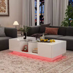 Mesa de centro Famapy blanca de alto brillo con LED, almacenamiento multizona con cajón y compartimentos abiertos