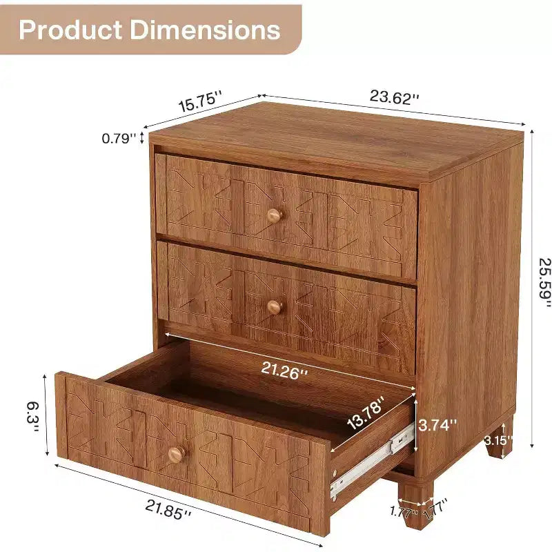 Mesita de noche Lantine con 3 cajones, mesita de noche de estilo rústico con elegantes diseños, mesita auxiliar industrial para dormitorio, color marrón