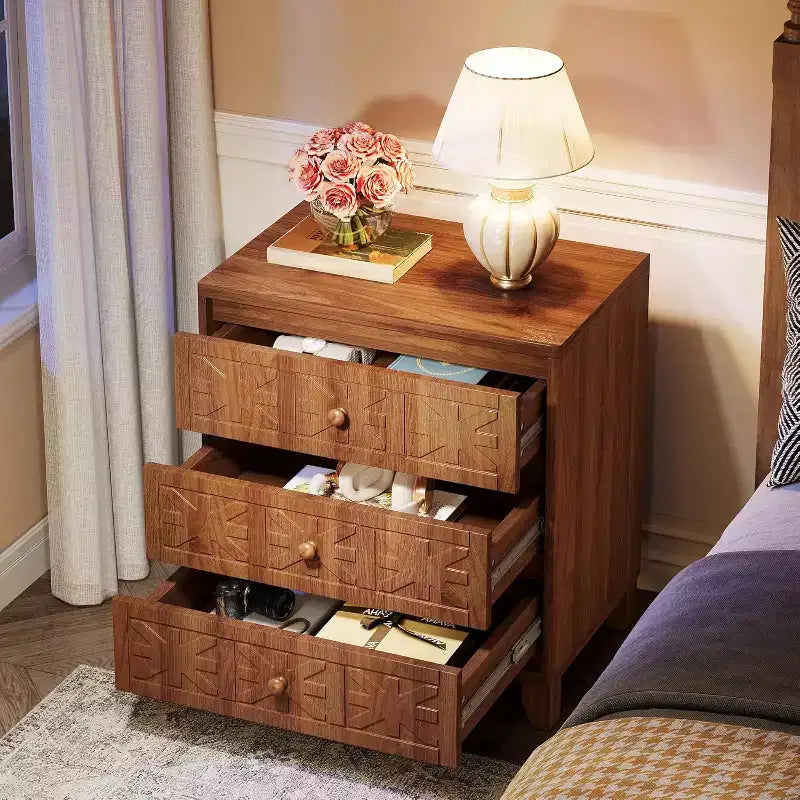 Mesita de noche Lantine con 3 cajones, mesita de noche de estilo rústico con elegantes diseños, mesita auxiliar industrial para dormitorio, color marrón