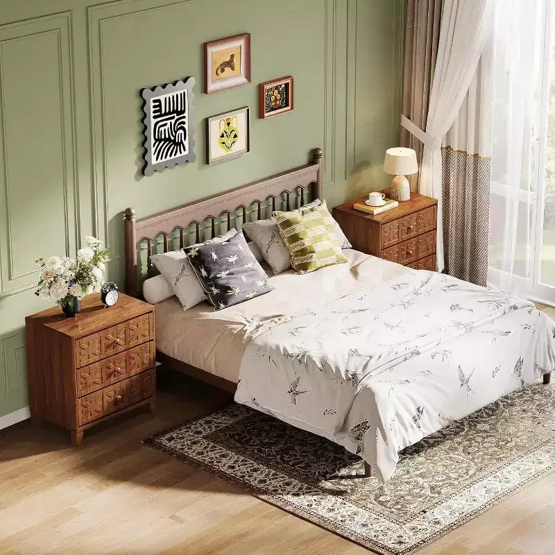 Mesita de noche Lantine con 3 cajones, mesita de noche de estilo rústico con elegantes diseños, mesita auxiliar industrial para dormitorio, color marrón