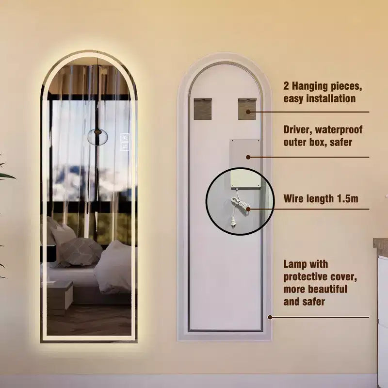 Espejo de cuerpo entero LED arqueado moderno GDFStudio Astra de 65 pulgadas de alto con modos de luz ajustables