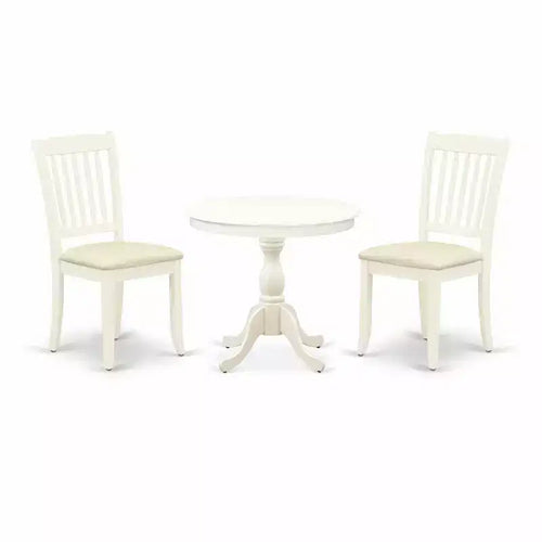 3-Piece Linen White Finish Solid Wood Top - Round Dining Room Set - Seats 4