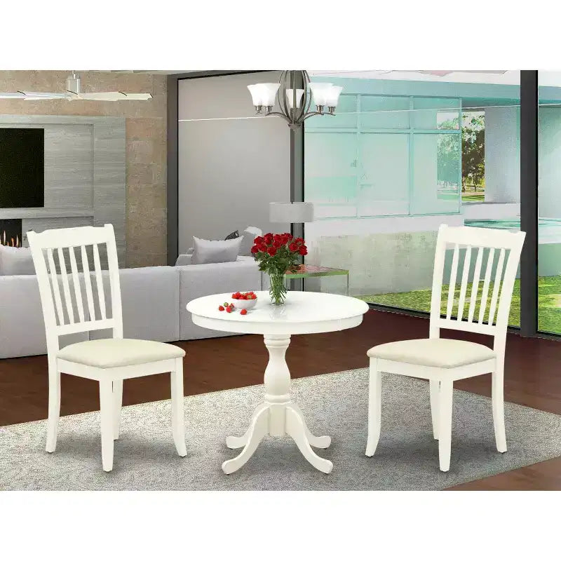 Juego de comedor de 3 piezas con parte superior de madera maciza en acabado blanco lino - Redondo - Asientos para 4 personas