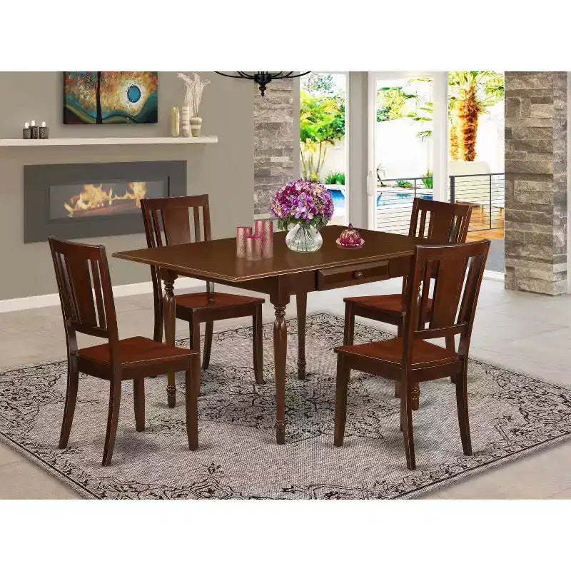 HomeStock Juego de Comedor de 5 Piezas con Cubierta de Madera Maciza con Acabado en Caoba y Alas Abatibles - Capacidad para 4 Personas