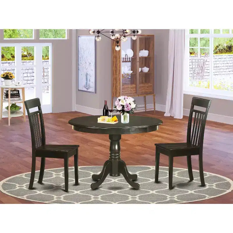Mesa de comedor redonda de madera maciza con acabado capuchino de 3 piezas HomeStock con 2 sillas