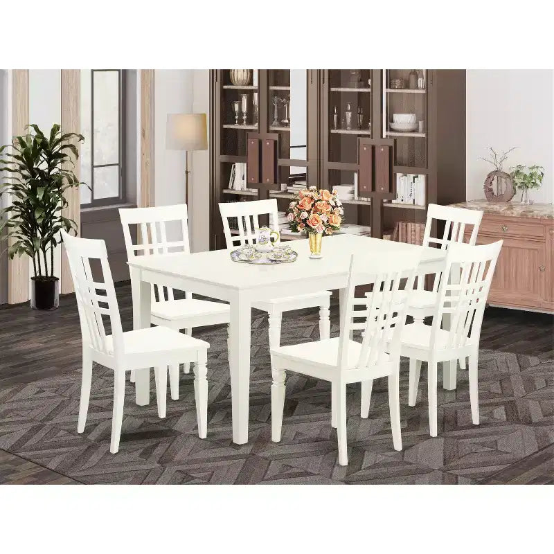 Mesa de comedor HomeStock de 7 piezas con superficie de madera maciza y acabado blanco lino con 6 sillas