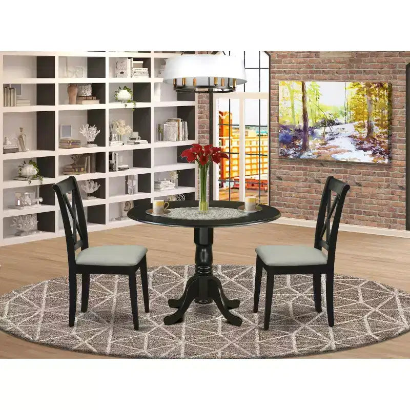 HomeStock Juego de comedor de 3 piezas con acabado negro, tapa de madera maciza redonda y alas abatibles, para 4 personas