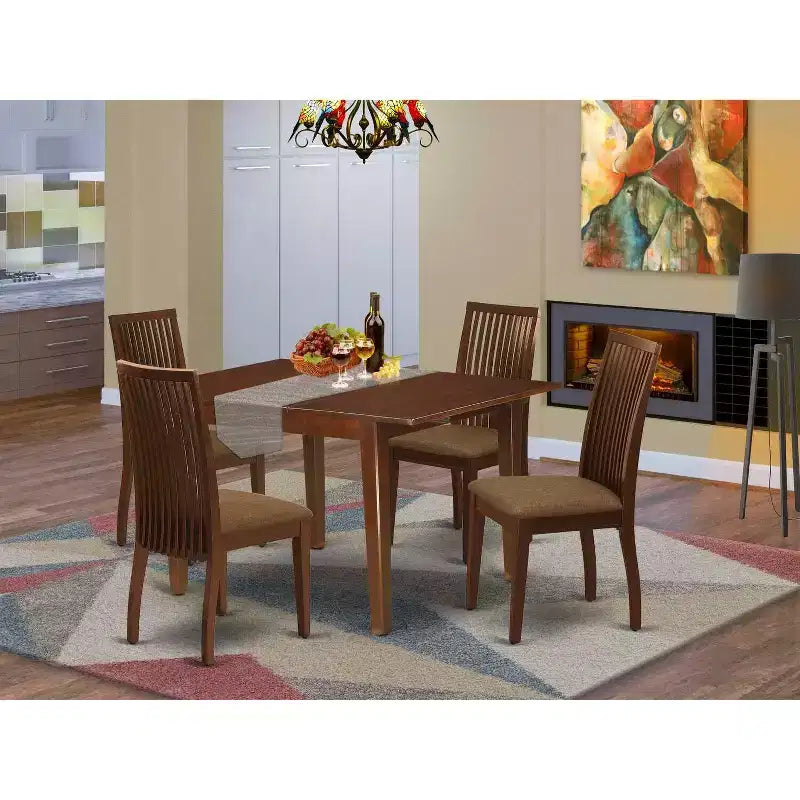 Juego de comedor rectangular de 5 piezas con tapa de madera maciza con acabado en caoba - Asientos para 4 personas