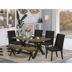 Mesa de comedor HomeStock de 6 piezas, rectangular, con acabado jacobino envejecido y tapa de madera maciza, con 1 banco y 4 sillas.