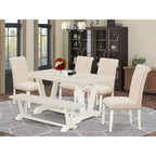 Mesa de comedor HomeStock de 6 piezas con tablero de madera maciza con acabado de roble natural, 1 banco y 4 sillas