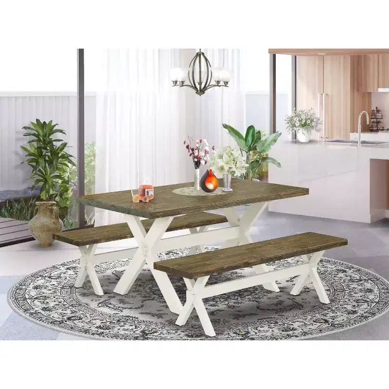 Mesa de comedor HomeStock de 3 piezas con parte superior de madera maciza, acabado jacobino envejecido y 2 bancos