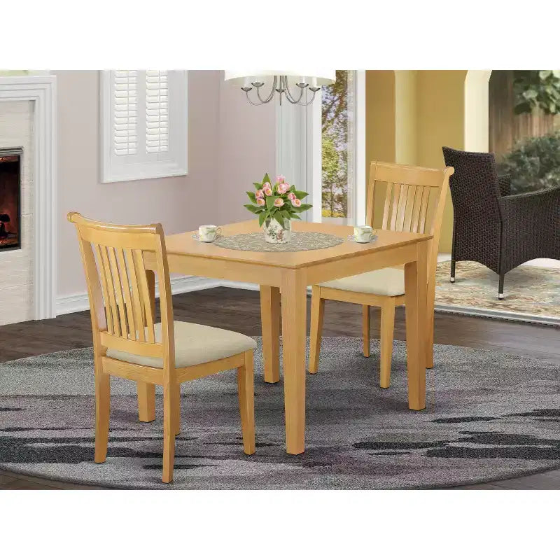 Juego de comedor bohemio - Mesa y sillas de cocina de 3 piezas - Mesa cuadrada, sillas tapizadas en lino, acabado roble