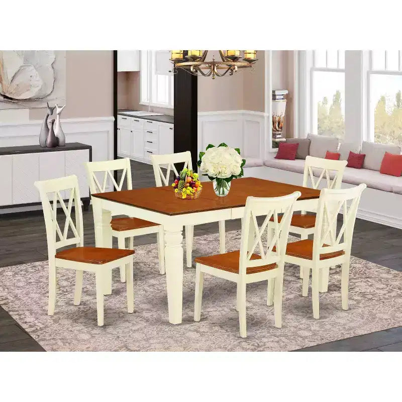 Juego de comedor rectangular - Mesa y sillas de 7 piezas - Mesa de 42/60 pulgadas con extensión - Diseño de respaldo en doble X