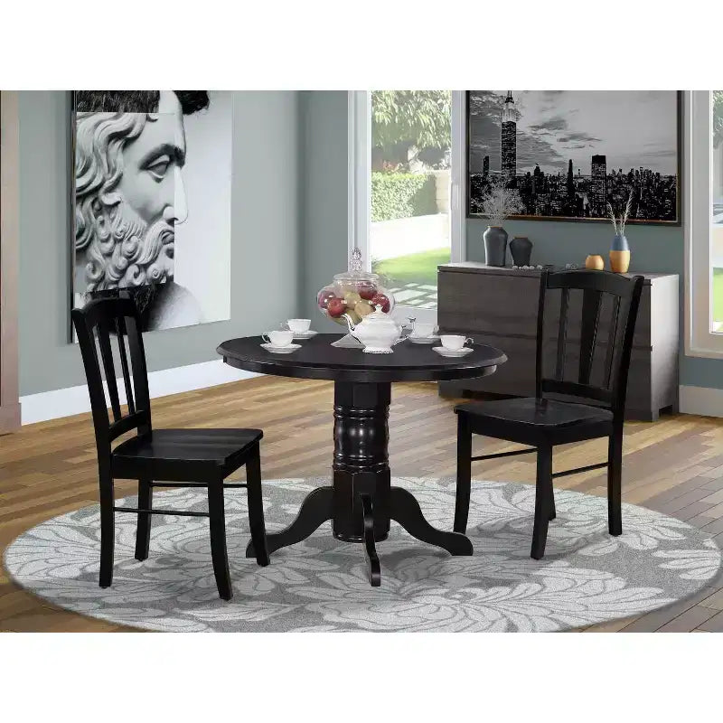 Juego de comedor moderno de 3 piezas - Mesa de comedor redonda con 2 sillas de madera - Juego de mesa de cocina con acabado negro