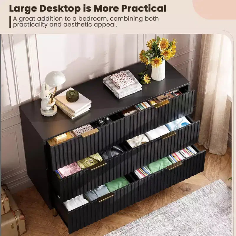 Cómoda acanalada moderna para dormitorio con 8 cajones, cajones profundos y superficie moderna amplia, cómoda larga y grande de doble tocador, mueble para TV y organizador de almacenamiento