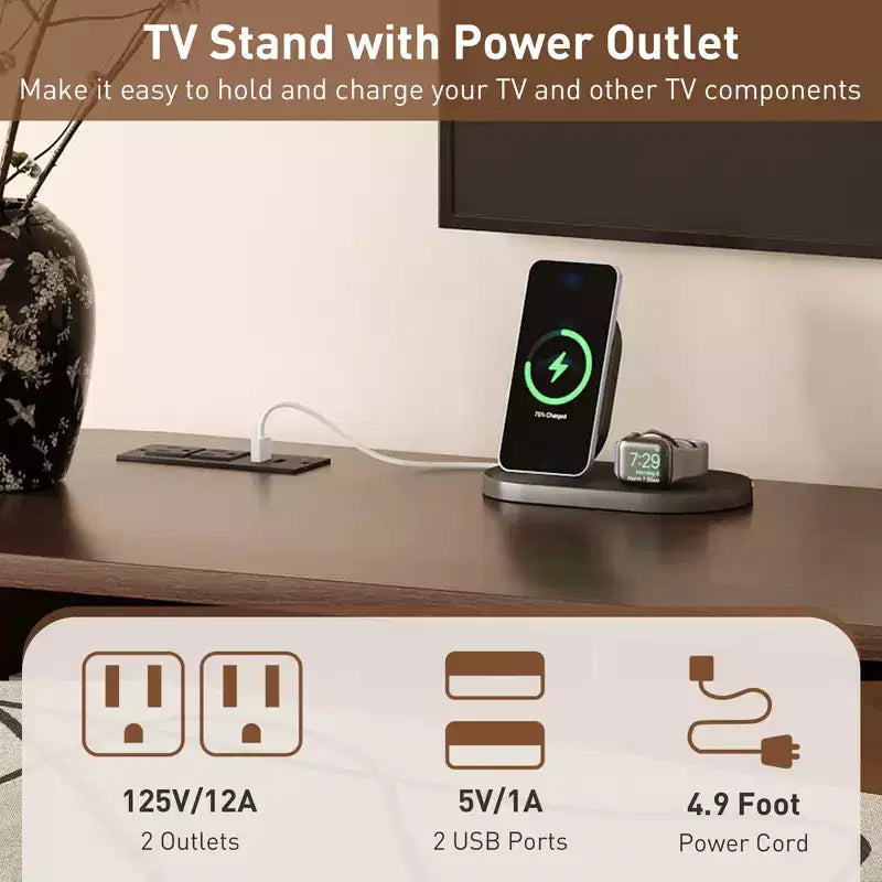 Mueble de TV moderno de mediados de siglo Homy Casa 70 con puertas de persiana, cajones y toma de corriente integrada para TV de 80, Nogal