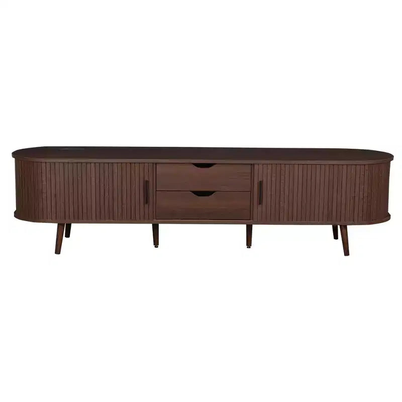 Mueble de TV moderno de mediados de siglo Homy Casa 70 con puertas de persiana, cajones y toma de corriente integrada para TV de 80, Nogal