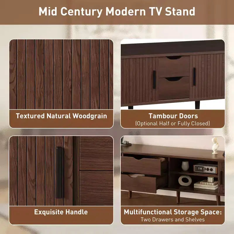 Mueble de TV moderno de mediados de siglo Homy Casa 70 con puertas de persiana, cajones y toma de corriente integrada para TV de 80, Nogal