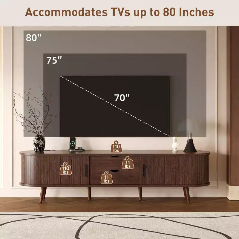 Mueble de TV moderno de mediados de siglo Homy Casa 70 con puertas de persiana, cajones y toma de corriente integrada para TV de 80, Nogal