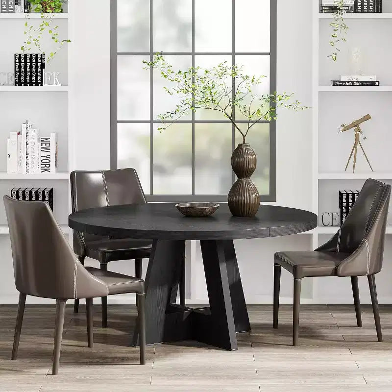 Mesa de comedor redonda de 47", mesa de cocina estilo rústico con base en cruz para comedor, capacidad para 4-6 personas, tablero de madera