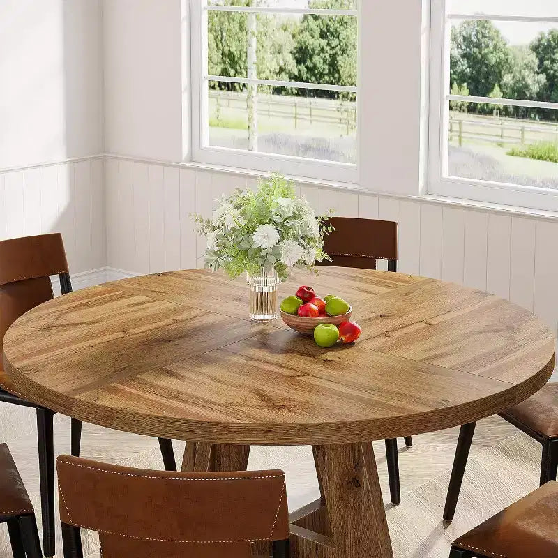Mesa de comedor redonda de 47", mesa de cocina estilo rústico con base en cruz para comedor, capacidad para 4-6 personas, tablero de madera