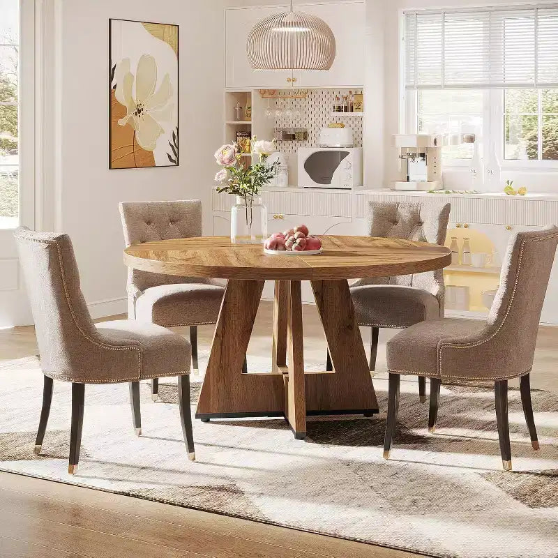 Mesa de comedor redonda de 47", mesa de cocina estilo rústico con base en cruz para comedor, capacidad para 4-6 personas, tablero de madera
