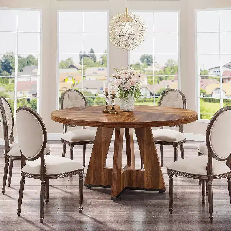 Mesa de comedor redonda de 47", mesa de cocina estilo rústico con base en cruz para comedor, capacidad para 4-6 personas, tablero de madera
