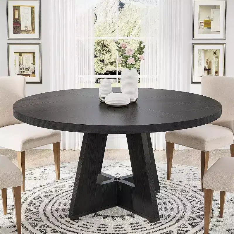 Mesa de comedor redonda de 47", mesa de cocina estilo rústico con base en cruz para comedor, capacidad para 4-6 personas, tablero de madera