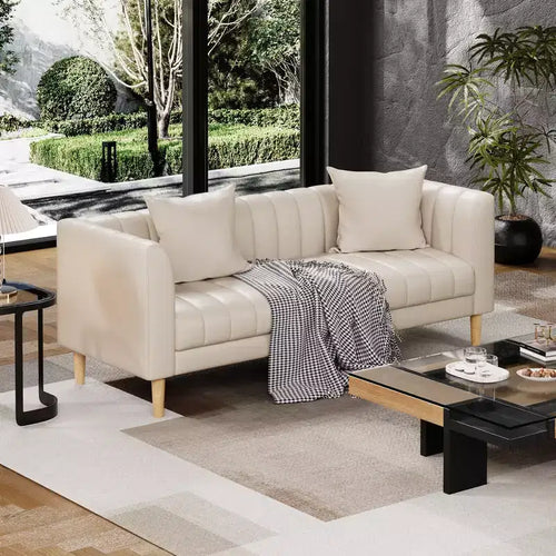 78 W Faux Leather Sofas Couches with 2 Throw Pillows, Mid Century Modern,3 Seater Sofa and Hardwood Legs,Easy Assembly, for Living Room and Bedroom